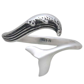 Sterling Silver Adjustable Wave and Whale Tail Ring Front View