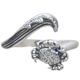 Sterling Silver Adjustable Wave and Crab Ring Front View