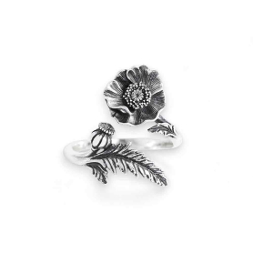 Sterling Silver Adjustable Poppy Ring - August Birth Flower