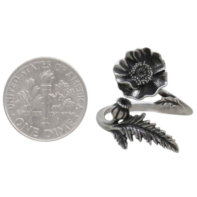 Adjustable Poppy Ring - August Birth Flower with Dime