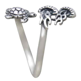 Sterling Silver Adjustable Turtle and Jellyfish Ring Side View