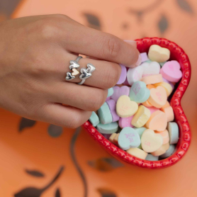 Mixed Metal Five Hearts Adjustable Ring  on model