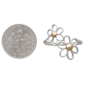 Mixed Metal Openwork Daisies Ring next to dime