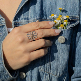 Mixed Metal Large Openwork Daisy Ring on hand