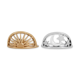 Bronze Rising Sun and Silver Moon and Stars Ring Set side by side