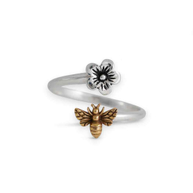 Sterling Silver Adjustable Flower and Bronze Bee Ring