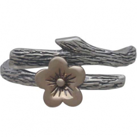 Silver Branch Ring with Bronze Cherry Blossom - Adjustable