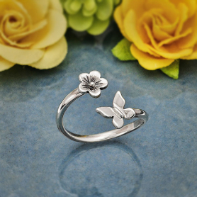 Sterling Silver Butterfly and Flower Adjustable Ring