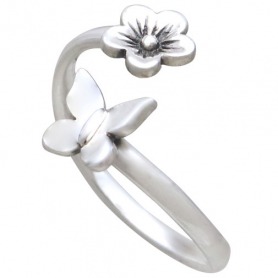 Sterling Silver Butterfly and Flower Adjustable Ring