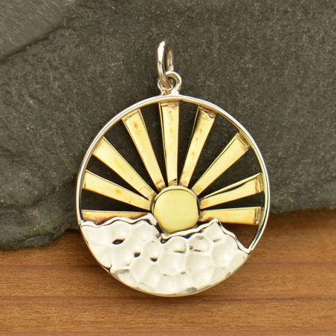 Silver Mountain Range Pendant with Bronze Sun Rays 26x20mm