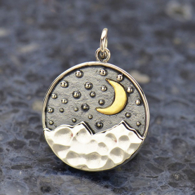 Sterling Silver Mountain Pendant with Bronze Moon 24x18mm