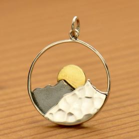 Large Silver Mountain Range Pendant with Bronze Sun 26x20mm