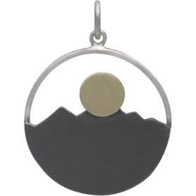 Silver Mountain and Ocean Pendant with Bronze Sun 26x20mm