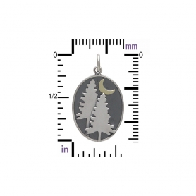 Sterling Silver Pine Tree Charm with Bronze Moon 26x15mm