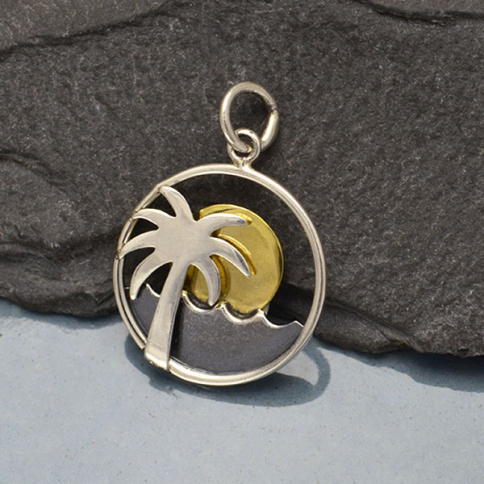 Silver Palm Tree and Ocean Charm with Bronze Sun 22x15mm