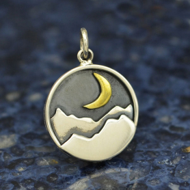 Sterling Silver Mountain Charm with Bronze Crescent 21x15mm