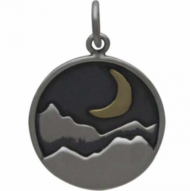 Sterling Silver Mountain Charm with Bronze Crescent 21x15mm
