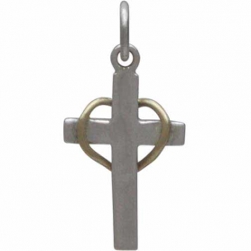 Sterling Silver Cross with Wire Bronze Heart 20x10mm