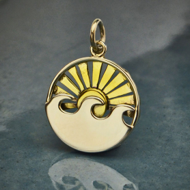 Sterling Silver Wave Charm with Bronze Setting Sun 21x15mm