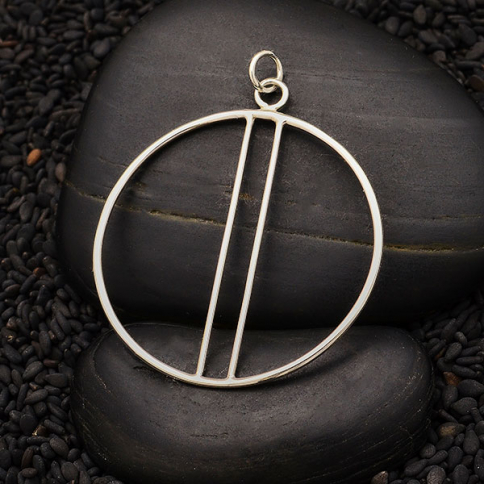 Sterling Silver Circle Pendant with Two Vertical Bars 44x35m