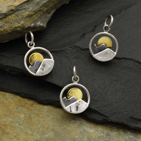 Mini Sterling Silver Mountain Charm with Bronze Sun 16x10mm