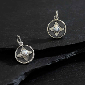 Sterling Silver Small North Star Charm with Pearl 17x11mm