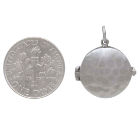 Sterling Silver Circle Locket with Hammer Finish 21x18mm with Dime