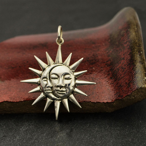 Sterling Silver Moon and Sun Pendant with Faces 28x23mm