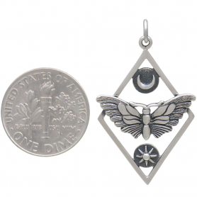 Silver Geometric Moth Charm with Sun and Moon 35x21mm