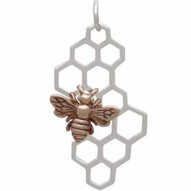 Sterling Silver Honeycomb Pendant with Bronze Bee 32x16mm