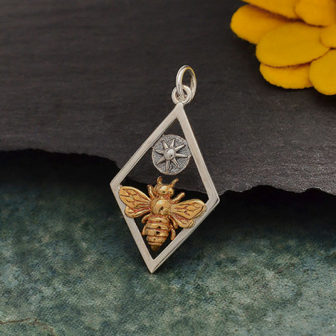 Bronze Bee Charm with Sun in Silver Diamond Frame 28x15mm