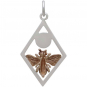 Bronze Bee Charm with Sun in Silver Diamond Frame 28x15mm