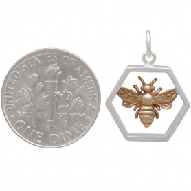 Sterling Silver Hexagon Charm with Bronze Bee 20x16mm