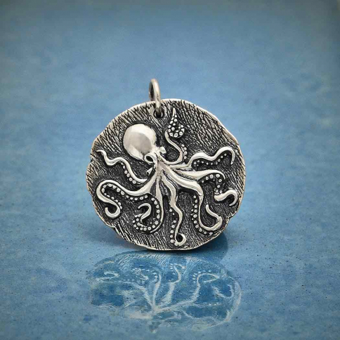 Sterling Silver Octopus Coin Pendant 26x23mm