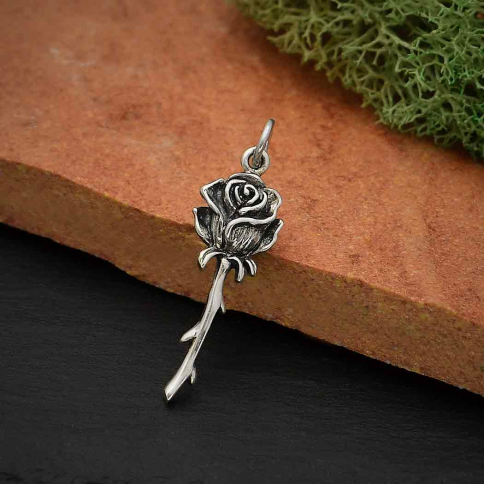 Sterling Silver Dimensional Stemmed Rose Charm 29x9mm