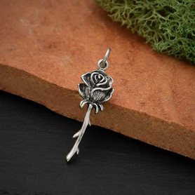 Sterling Silver Dimensional Stemmed Rose Charm 29x9mm