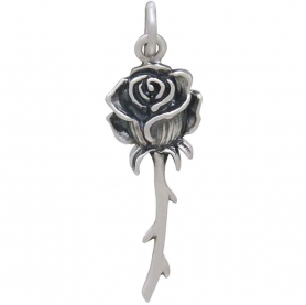 Sterling Silver Dimensional Stemmed Rose Charm 29x9mm