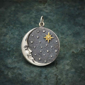 Silver Crescent Moon Face Pendant with Bronze Star 27x21mm