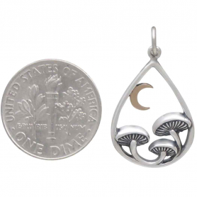Silver Mushrooms in Teardrop with Bronze Moon 26x15mm