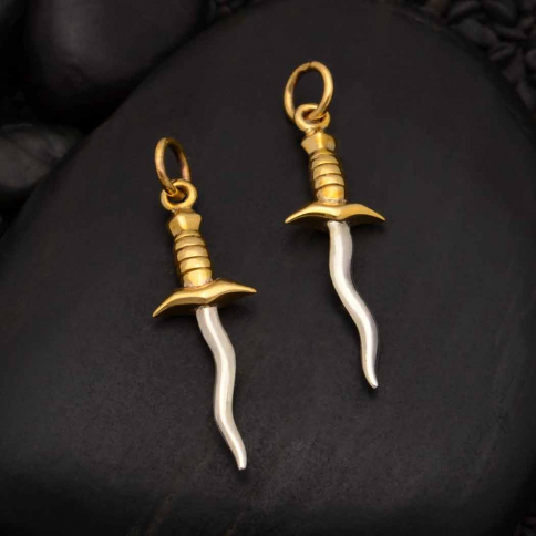 Sterling Silver Wavy Dagger Charm w/ Bronze Handle 28x8mm