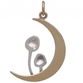 Bronze Moon Charm with Sterling Silver Mushrooms 28x16mm