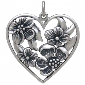Sterling Silver Heart Pendant with Apple Blossoms 26x23mm