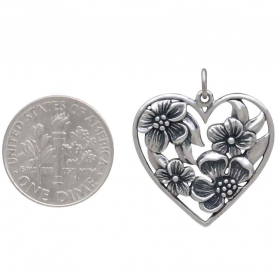 Sterling Silver Heart Pendant with Apple Blossoms 26x23mm
