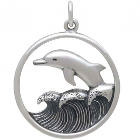 Sterling Silver Dolphin Jumping in Waves Pendant