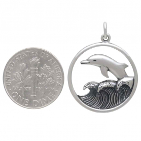 Sterling Silver Dolphin Jumping in Waves Pendant