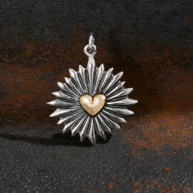 Large Mixed Metal Heart Pendant with Sunrays 27x21mm