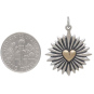 Large Mixed Metal Heart Pendant with Sunrays with Dime
