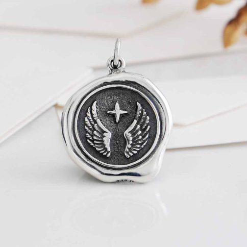 Sterling Silver Wings Wax Seal Charm 23x17mm