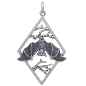 Silver Branches and Bat Pendant in Diamond Frame Front View