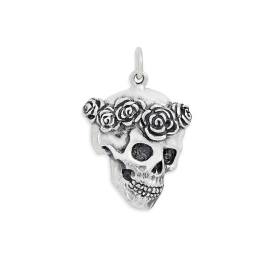 Sterling Silver Skull with Rose Crown Pendant 25x17mm